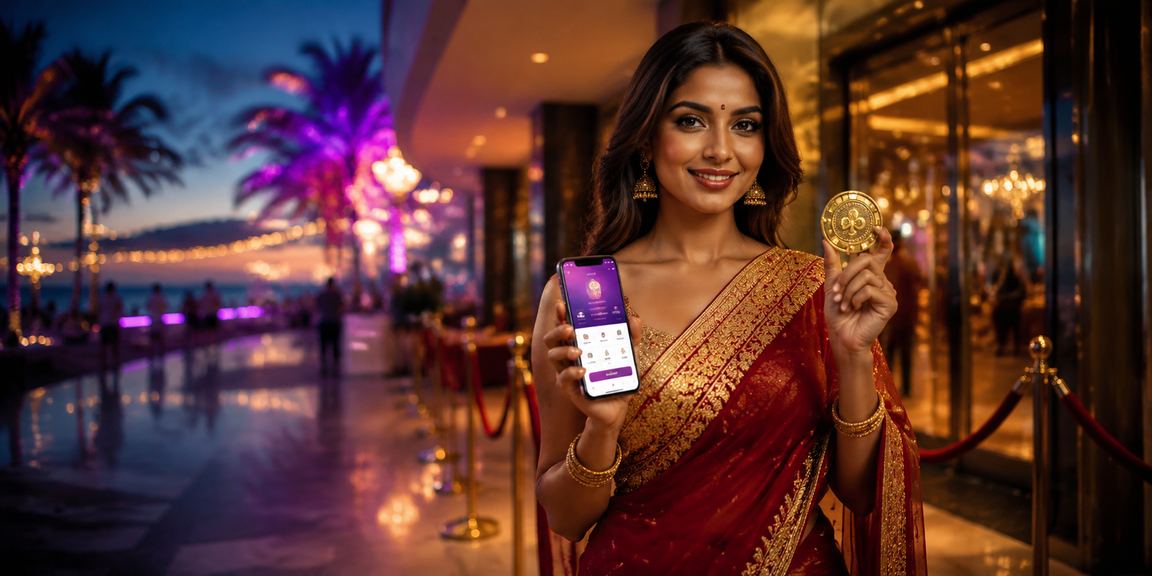 Woman using mobile payment app in Goan outdoor setting