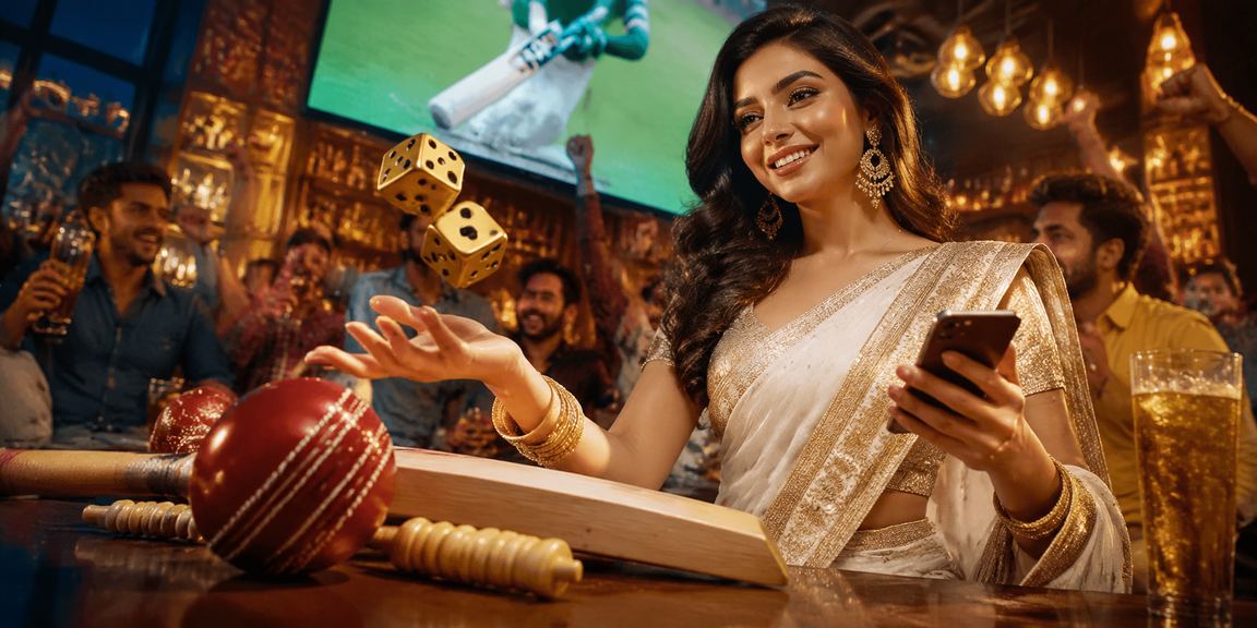 Female cricket fan using mobile phone for live betting
