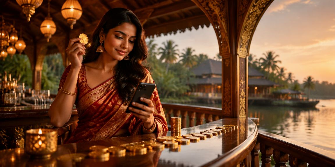 Kerala woman enjoying mobile casino games on smartphone